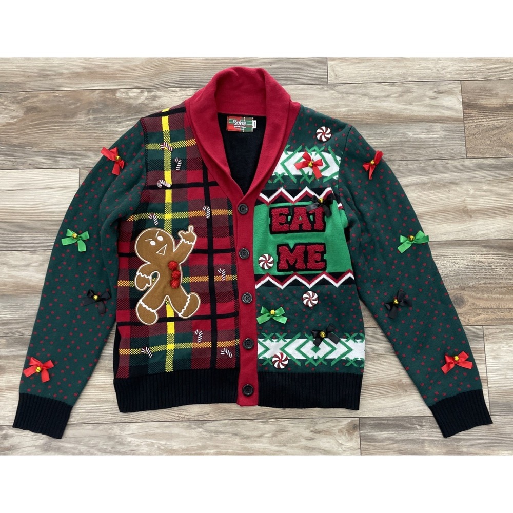 Spencer’s Workshop EAT ME Gingerbread Man Ugly Christmas Sweater Cardigan L
